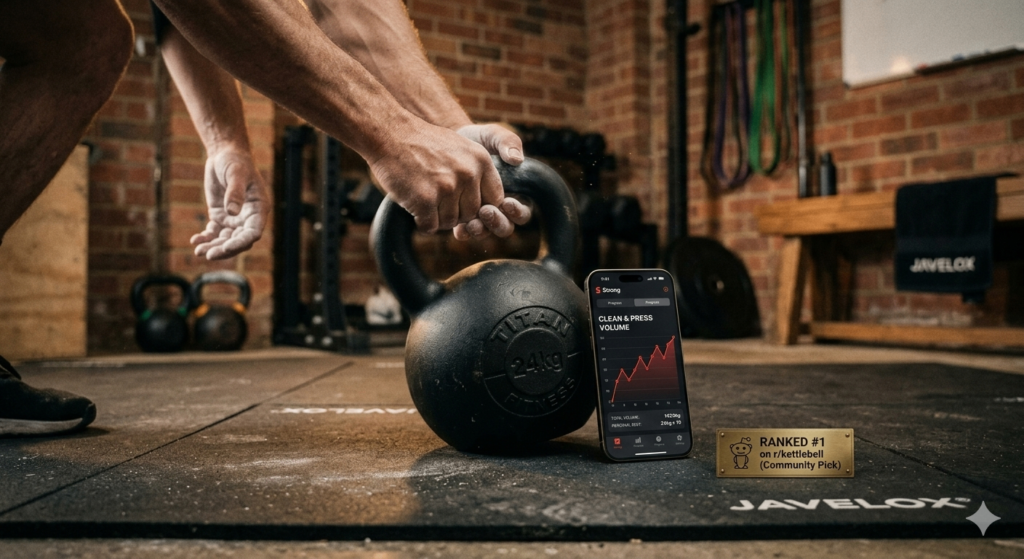 Best Kettlebell Workout Apps in 2026 (Tested After 300+ Real Workouts) 1 Unique garage gym photograph of focused athlete gripping kettlebell, alongside smartphone displaying Strong app progress chart.