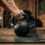 Unique garage gym photograph of focused athlete gripping kettlebell, alongside smartphone displaying Strong app progress chart.